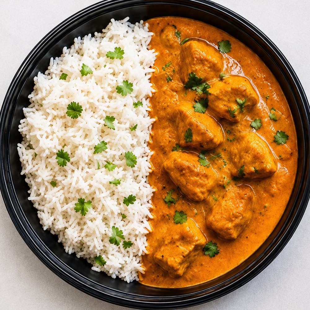 Butter chicken in a creamy tomato sauce scattered with coriander, served beside white basmati rice in a black bowl