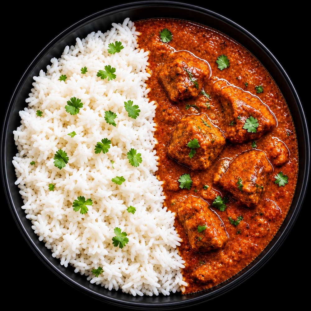Chicken tikka masala in a deep spiced tomato sauce with coriander, served beside white basmati rice in a black bowl